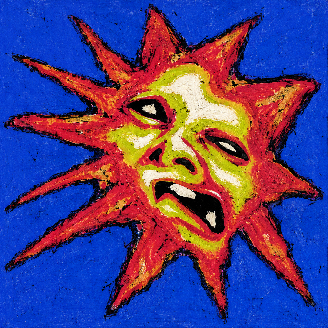 An original rough-painted red star with an acid green distorted face on cobalt blue
